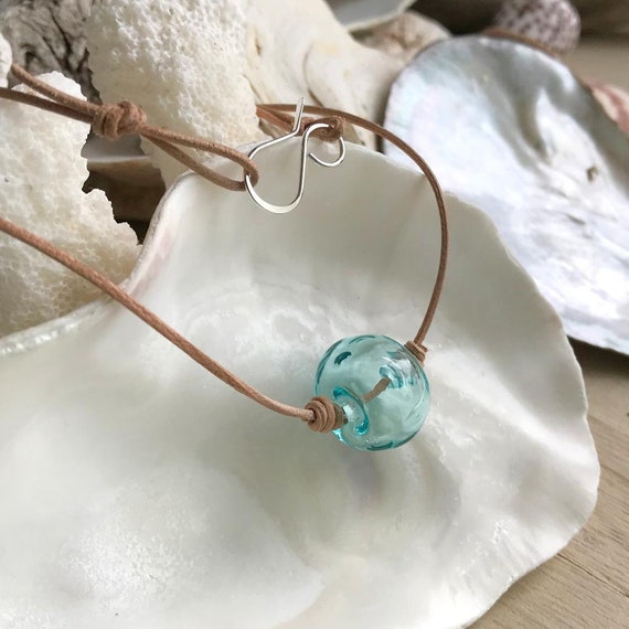 Artisan Glass Bead Leather Choker Necklace, Boho Short Necklace, Bohemian Choker, Gypsy Necklace