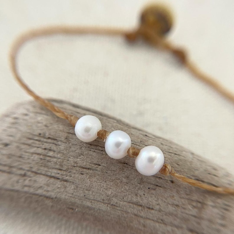 Triple Pearl Beach Anklet, Braided Summer Anklet, Boho Ankle Bracelet, Surfer Anklet, Beach Jewelry, Waxed Cord Waterproof Anklet image 3