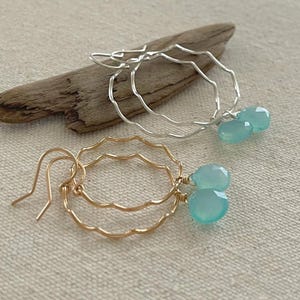 Scallop Hoop Earrings with Aqua Chalcedony Dangles, Beachy Mermaid Earrings, Ocean Waves Jewelry, Beach Jewelry, Unique Earrings, Tropical
