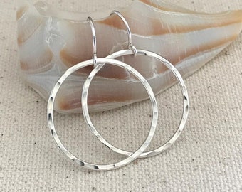 Handmade Sterling Silver Circle Earrings, Minimalist Earrings, Modern Boho Earrings, Geometric Earrings, Hammered Hoops, Gift for Her