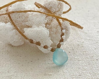 Aqua Chalcedony Briolette Necklace: Braided Waxed Cord, Beach Boho Jewelry