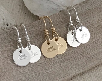 Silver Sunrise Sunset Earrings, Hand Stamped Gold Disc Earrings, Beach Earrings, Beachy Summer Ocean Earrings, Lightweight Dangle Earrings