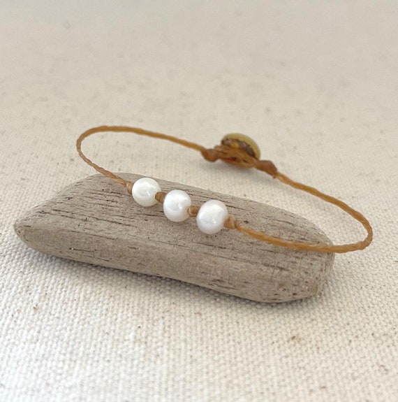 Triple Pearl Beach Anklet, Braided Summer Anklet, Boho Ankle Bracelet, Surfer Anklet, Beach Jewelry, Waxed Cord Waterproof Anklet