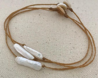 Biwa Pearl Anklet,  Beach Style Ankle Bracelet, Summer Boho Anklet, Braided Ankle Bracelet Women, Cord Anklet Girls, Beach Jewelry Gifts