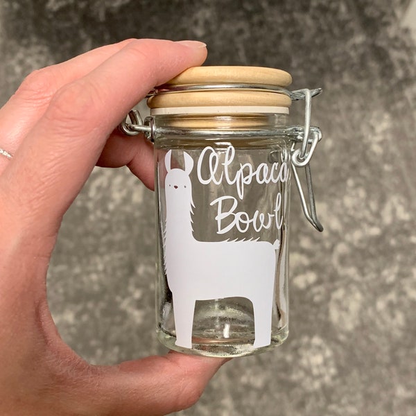 Alpaca Bowl |  I'll Pack A Bowl Stash Jar, Alpaca Pun, 2 oz Glass Weed Jar, Metal Clasp Closure, Choice of Lid Style, Edibles Storage Jar