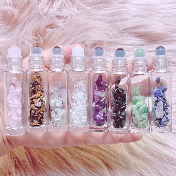 10ml Crystal Roller Bottle Filled with Mini Tumbled Stones, Polished Crystal Roller Ball, Healing Natural Gemstones, Essential Oil Bottle