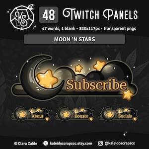Moon n Stars Twitch Panels | Black and Gold Celestial Streamer Graphics | 6 Custom Words