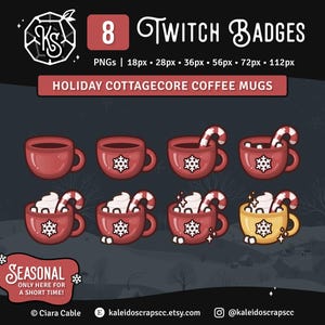 May include: Eight Twitch badges featuring holiday cottagecore coffee mugs. The mugs are red with snowflake details, some with whipped cream and candy canes. Text includes "8 Twitch Badges" and "Holiday Cottagecore Coffee Mugs."