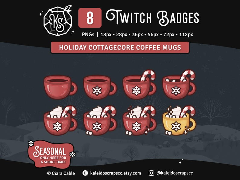 May include: Eight Twitch badges featuring holiday cottagecore coffee mugs. The mugs are red with snowflake details, some with whipped cream and candy canes. Text includes "8 Twitch Badges" and "Holiday Cottagecore Coffee Mugs."