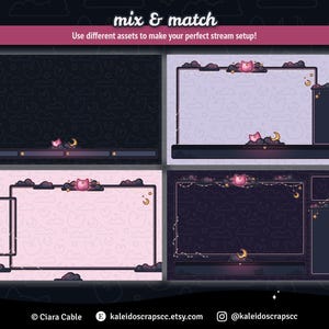 K&ouml;nnte beinhalten: Vier verschiedene Twitch-Stream-Overlays mit einem rosa und violetten Farbschema. Die Overlays zeigen ein Katzenmotiv mit Wolken, Sternen und Monden. Der Text "mix & match" befindet sich oben im Bild. Der Text "Verwenden Sie verschiedene Elemente, um Ihr perfektes Stream-Setup zu erstellen!" befindet sich unter dem Text "mix & match". Der Text "Ciara Cable" befindet sich unten links im Bild. Der Text "kaleidoscrapscc.etsy.com" befindet sich unten in der Mitte des Bildes. Der Text "@kaleidoscrapscc" befindet sich unten rechts im Bild.