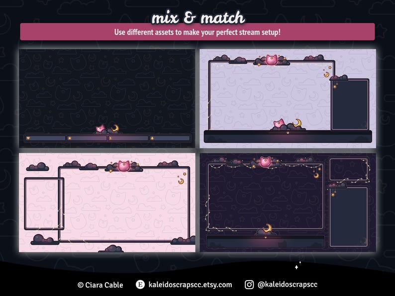 K&ouml;nnte beinhalten: Vier verschiedene Twitch-Stream-Overlays mit einem rosa und violetten Farbschema. Die Overlays zeigen ein Katzenmotiv mit Wolken, Sternen und Monden. Der Text "mix & match" befindet sich oben im Bild. Der Text "Verwenden Sie verschiedene Elemente, um Ihr perfektes Stream-Setup zu erstellen!" befindet sich unter dem Text "mix & match". Der Text "Ciara Cable" befindet sich unten links im Bild. Der Text "kaleidoscrapscc.etsy.com" befindet sich unten in der Mitte des Bildes. Der Text "@kaleidoscrapscc" befindet sich unten rechts im Bild.