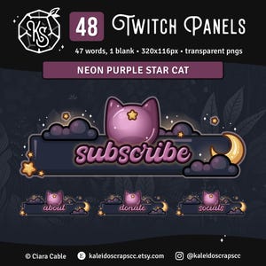 Purple Moon Cat Twitch Panels | Neon Celestial Streamer Graphics | 6 Custom Words