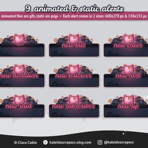 K&ouml;nnte beinhalten: Neun animierte und statische Twitch-Benachrichtigungen mit einer rosa Katze mit einem Stern auf dem Kopf und einem dunkelvioletten Hintergrund mit Sternen. Die Benachrichtigungen sind f&uuml;r neue Bits, neuen Jubel, neue Spenden, neue Follower, neue Hosts, neue Raids, neue Abonnenten und neue Trinkgelder.