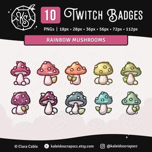 Emblemas de inscrição do Twitch: Cogumelos Arco-Íris | Emblemas de bits do Cute Nature Cottagecore / Pontos de canal / Emotes