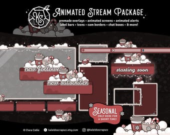 Holiday Cottagecore Coffee Stream Package - Red | Animated Cozy Lofi Twitch/YouTube Overlay Bundle