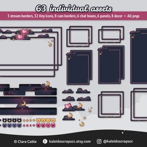 K&ouml;nnte beinhalten: Ein Set mit 63 digitalen Assets f&uuml;r Twitch- oder YouTube-Streaming. Die Assets umfassen Rahmen, Symbole, Chatboxen, Panels und Dekor. Die Assets sind in einem dunklen Lila- und Rosaton mit einem Nachthimmel-Thema gehalten.
