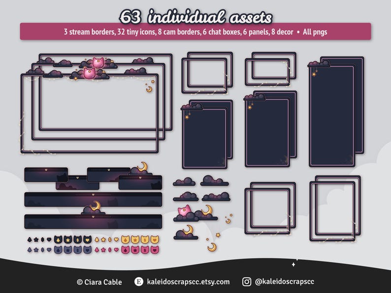 K&ouml;nnte beinhalten: Ein Set mit 63 digitalen Assets f&uuml;r Twitch- oder YouTube-Streaming. Die Assets umfassen Rahmen, Symbole, Chatboxen, Panels und Dekor. Die Assets sind in einem dunklen Lila- und Rosaton mit einem Nachthimmel-Thema gehalten.