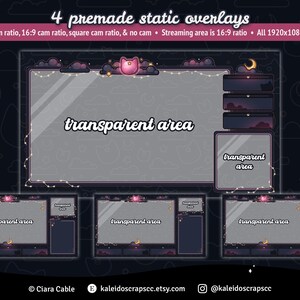 K&ouml;nnte beinhalten: Vier vorgefertigte statische Overlays zum Streamen mit einem rosafarbenen Katzen- und Sternenhimmel-Thema. Die Overlays beinhalten eine 4:3-, 16:9-, quadratische und keine Kamera-Option. Alle Overlays sind 1920x1080 PNGs.