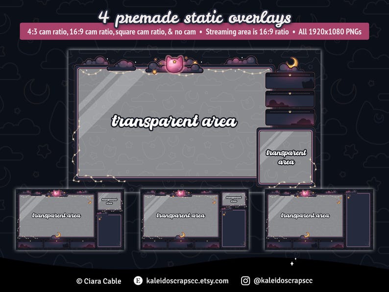 K&ouml;nnte beinhalten: Vier vorgefertigte statische Overlays zum Streamen mit einem rosafarbenen Katzen- und Sternenhimmel-Thema. Die Overlays beinhalten eine 4:3-, 16:9-, quadratische und keine Kamera-Option. Alle Overlays sind 1920x1080 PNGs.
