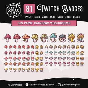 Rainbow Mushroom Twitch Sub Badges | Cute Cottagecore Forest Bit Badges| Big Pack of 81