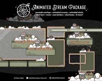 Cottagecore Coffee Twitch Overlay | Sage Green Animated Cozy Lofi Stream Pack