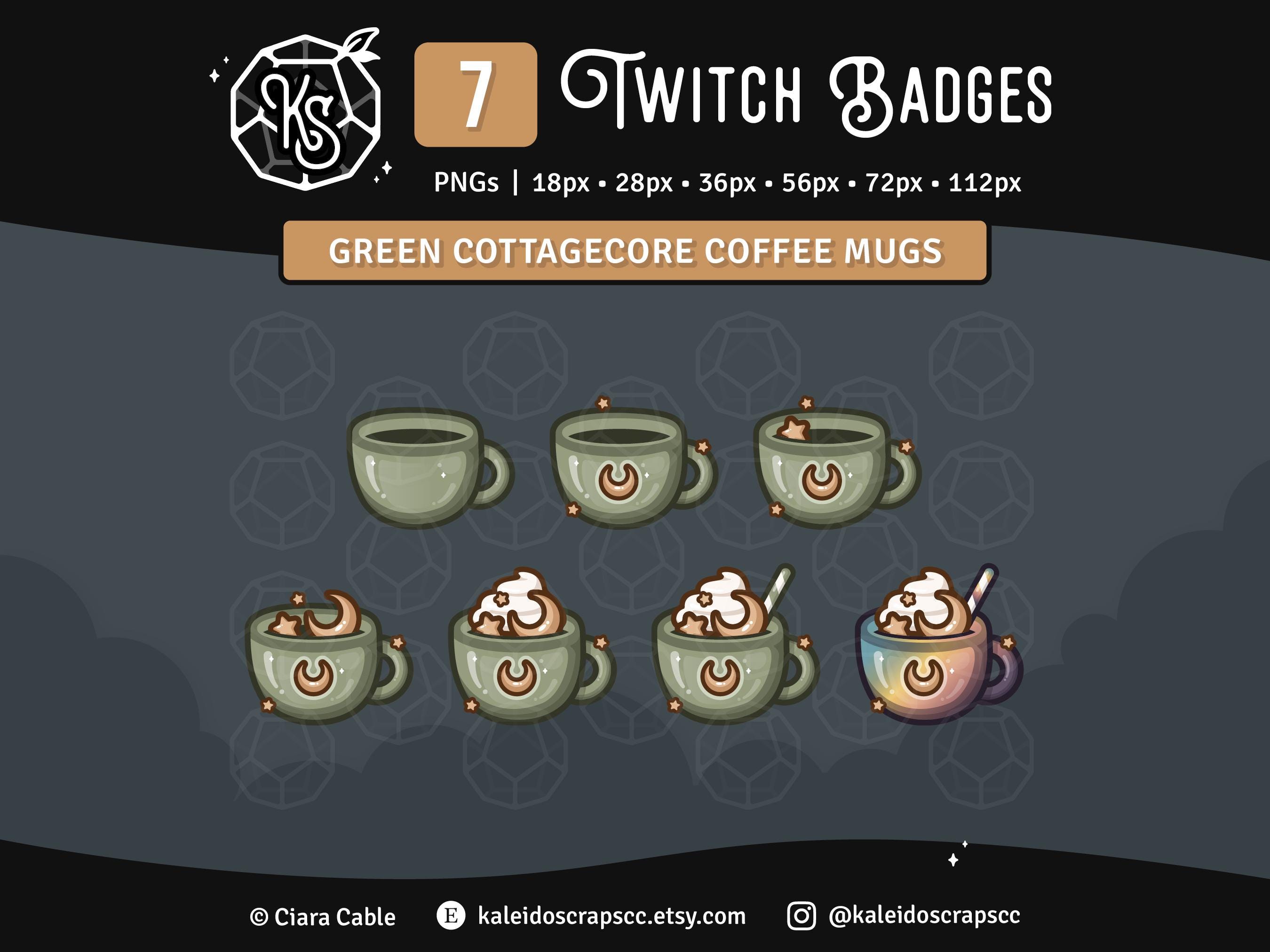 Cottagecore Coffee Twitch Sub Badges | Green Cafe Moon & Stars Mug Channel Points or Emotes