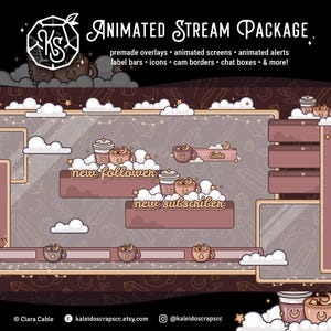 May include: An animated stream package with a coffee theme. The design includes premade overlays, animated screens, alerts, label bars, icons, cam borders, and chat boxes. The color palette is primarily brown, pink, and white, with coffee cup and cloud graphics.
