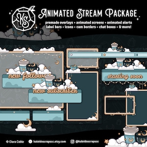 Peut inclure: Ensemble de flux animé pour Twitch ou YouTube sur le thème céleste. Le pack comprend des superpositions, des écrans animés, des alertes, des barres d'étiquettes, des icônes, des bordures de caméra, des boîtes de discussion et plus encore. Le design présente un fond bleu foncé avec des nuages, des étoiles et des croissants de lune. Le texte "nouveau follower", "nouveau abonné" et "bientôt en ligne" est affiché dans des boîtes bleu clair avec des bordures dorées.
