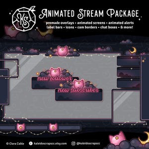 K&ouml;nnte beinhalten: Animiertes Stream-Paket mit rosa Katzen-Overlays f&uuml;r Twitch oder YouTube. Das Paket beinhaltet animierte Bildschirme, Benachrichtigungen, Beschriftungsbalken, Symbole, Kamerar&auml;nder, Chat-Boxen und mehr.