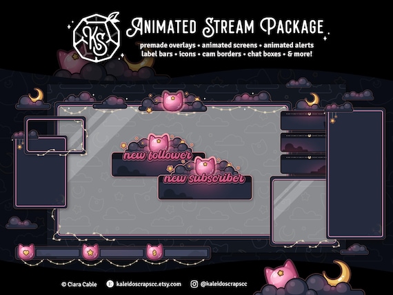 Star Cat Twitch Overlay | Neon Pink Celestial Animated Streamer Pack