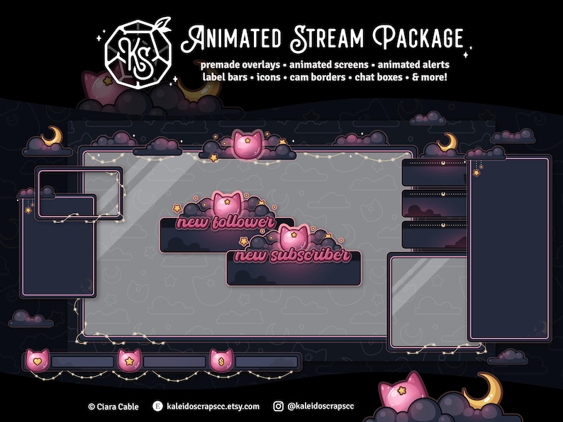 K&ouml;nnte beinhalten: Animiertes Stream-Paket mit rosa Katzen-Overlays f&uuml;r Twitch oder YouTube. Das Paket beinhaltet animierte Bildschirme, Benachrichtigungen, Beschriftungsbalken, Symbole, Kamerar&auml;nder, Chat-Boxen und mehr.