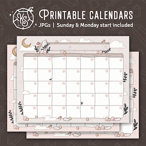 Calendario imprimible en blanco Cottagecore Crystal • Tamaño carta 8.5x11" JPG • Linda plantilla para planificador • Inicio del domingo y lunes incluido