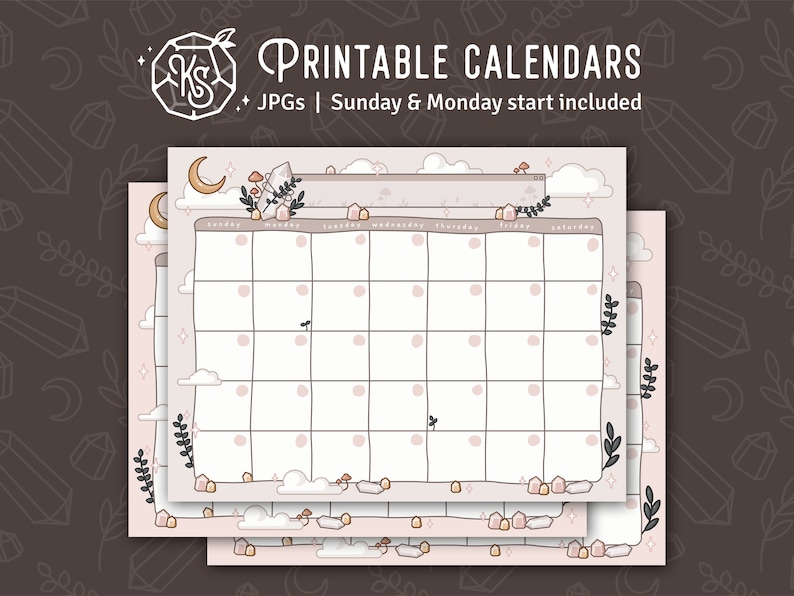 May include: Printable calendar pages with a pink and white color scheme. The design features a crescent moon, stars, clouds, and crystals. The text "PRINTABLE CALENDARS" is at the top of the image. The text "JPGs | Sunday & Monday start included" is below the title.
