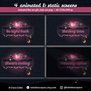 K&ouml;nnte beinhalten: Vier animierte und statische Bildschirme zum Streamen, mit einer rosa Katze mit einem Stern auf dem Kopf. Die Bildschirme zeigen den Text "be right back", "starting soon", "stream ending" und "currently offline".