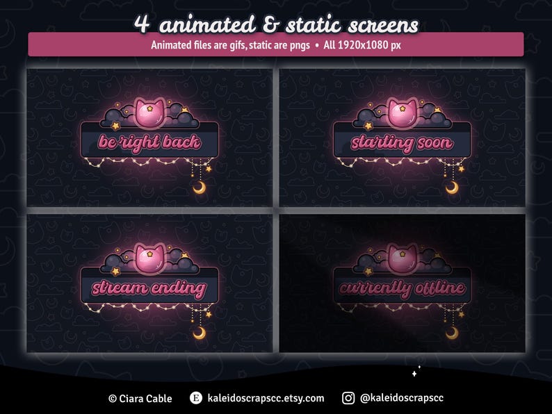 K&ouml;nnte beinhalten: Vier animierte und statische Bildschirme zum Streamen, mit einer rosa Katze mit einem Stern auf dem Kopf. Die Bildschirme zeigen den Text "be right back", "starting soon", "stream ending" und "currently offline".