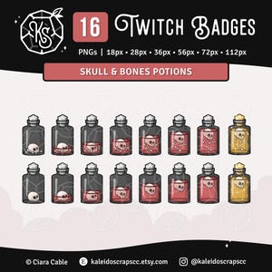 Skull Potion Twitch Sub Badges | Black & Red Creepy Spooky Witchy Streamer Assets