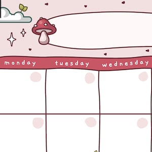 Pink Mushroom Blank Printable Calendar Letter Size 8.5x11 JPG Cute ...