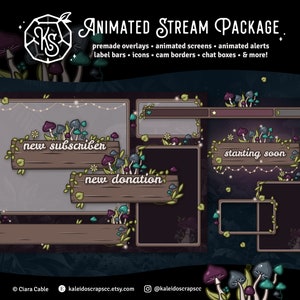 May include: Animated Twitch stream package featuring a mushroom theme. The package includes overlays, screens, alerts, label bars, icons, cam borders, chat boxes, and more. The image shows a preview of the package with a new subscriber, new donation, and starting soon alerts.