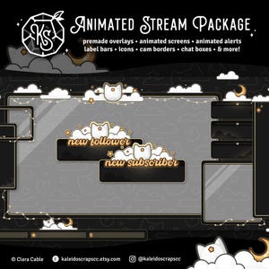 White Celestial Star Cat Twitch Overlay | Animated Cozy Lofi Stream Pack