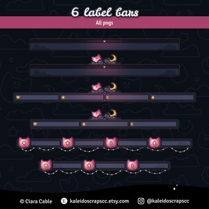 K&ouml;nnte beinhalten: Sechs rosa und wei&szlig;e Etikettenleisten mit einem Mond- und Wolken-Design. Die Leisten haben einen dunklen Hintergrund und einen hellgrauen Rand. Der Text "6 label bars" befindet sich oben im Bild, und der Text "All pngs" darunter.