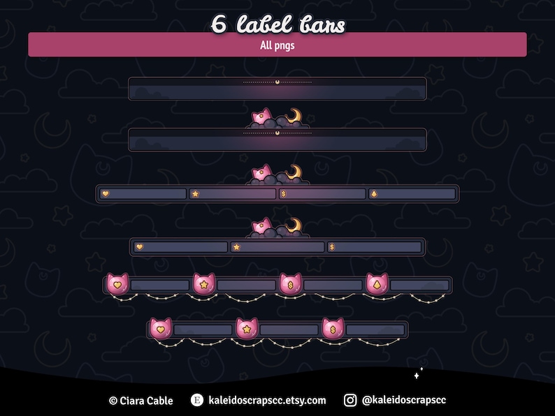 K&ouml;nnte beinhalten: Sechs rosa und wei&szlig;e Etikettenleisten mit einem Mond- und Wolken-Design. Die Leisten haben einen dunklen Hintergrund und einen hellgrauen Rand. Der Text "6 label bars" befindet sich oben im Bild, und der Text "All pngs" darunter.