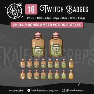 May include: Set of 16 Twitch badges featuring amber potion bottles with skull and bone designs. The bottles are in various sizes, ranging from 18 to 112 pixels.