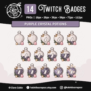 Twitch-subbadges: paarse kristallen toverdrankflessen | Cottagecore-natuurbit-badges | Set van 14 inch
