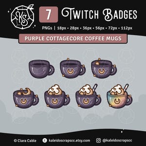 Twitch Sub Badges: Coffee Mugs | Purple Cottagecore Cafe Bits Badges / Channel Points / Emotes