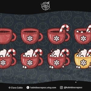 May include: Illustration of eight red and yellow mugs with hot chocolate, whipped cream, and candy canes. Each mug has a snowflake design. The background is dark gray with a repeating geometric pattern. Text includes "Ciara Cable" and "kaleidoscrapsecc.etsy.com".