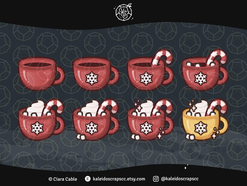 May include: Illustration of eight red and yellow mugs with hot chocolate, whipped cream, and candy canes. Each mug has a snowflake design. The background is dark gray with a repeating geometric pattern. Text includes "Ciara Cable" and "kaleidoscrapsecc.etsy.com".