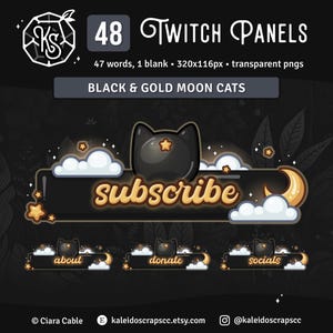 Black n Gold Star Cat Twitch Panels | Celestial Streamer Graphics | 6 Custom Words