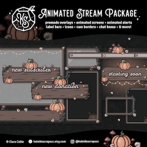 Op de afbeelding: Geanimeerd streampakket met een herfstthema. Het pakket bevat overlays, schermen, meldingen, labelbalken, pictogrammen, cameraborden, chatboxen en meer. De graphics bevatten pompoenen, bladeren en lichten.