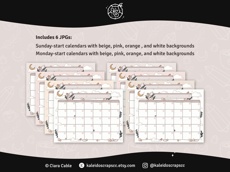 May include: Six printable calendar pages featuring a whimsical moon and cloud design. The calendars are available in beige, pink, orange, and white backgrounds. The calendars are available in both Sunday and Monday start formats.