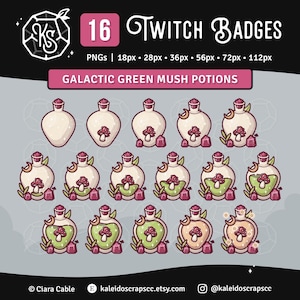 May include: Set of 16 digital Twitch badges featuring green potion bottles with mushroom tops and pink accents. The badges are available in various sizes, from 18px to 112px.